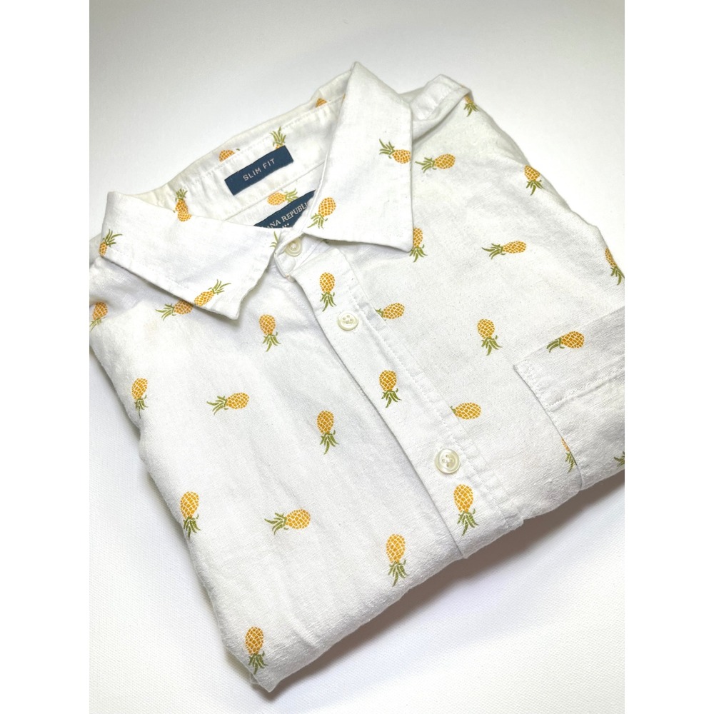 Banana Republic Linen Shirt XL Tall Slim Fit Pineapple Print Short Sleeve White